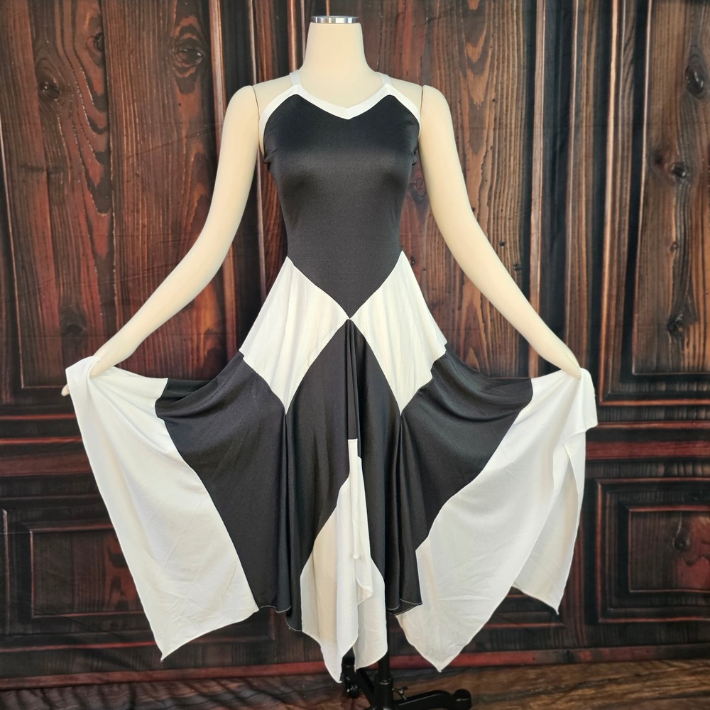 Vintage 1970s Disco Handkerchief Hem Dress Black White Colorblock Sundress